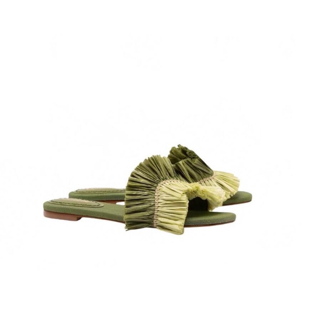 New Larroude Ivy Fringe Flat In Seawood Raffia Green Straw Sandal Womens 6.5